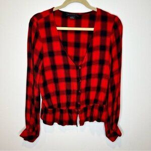 Sanctuary Red Black Plaid Long Sleeve Blouse, Size Small